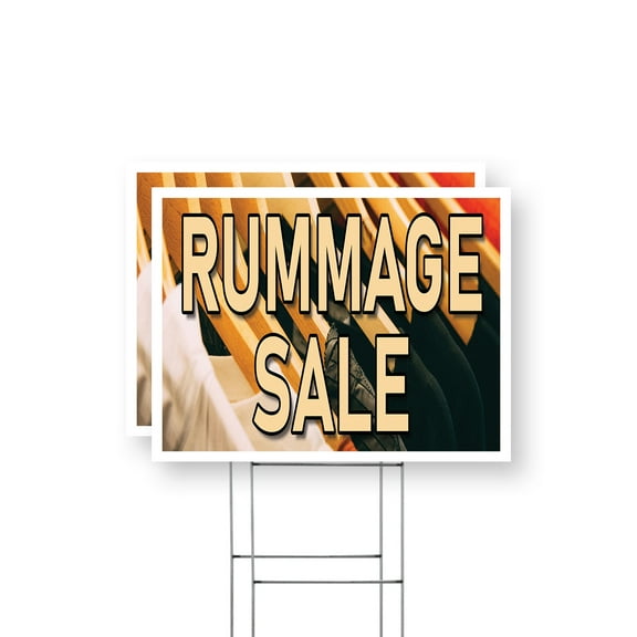 Rummage Sale Yard Sign 2 Pack of 12 Inch x 16 Inch Single Sided Weatherproof Heavy-Duty Plastic with Stake | Local Bargains, Community Events, Professional Signage | Made in USA