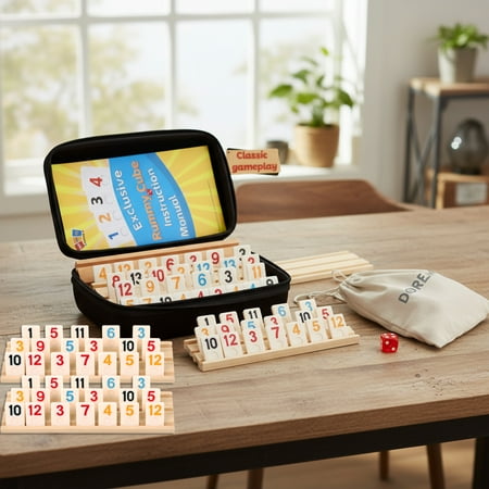 Rummy Cube 6 Player Edition with 6 Wooden Racks,162 Tiles Rummy Cube Game Original with Portable Case,Drawstring Bag Rummy Game Large Number Rummy Tiles Travel Game Set for Family Classic Board Games