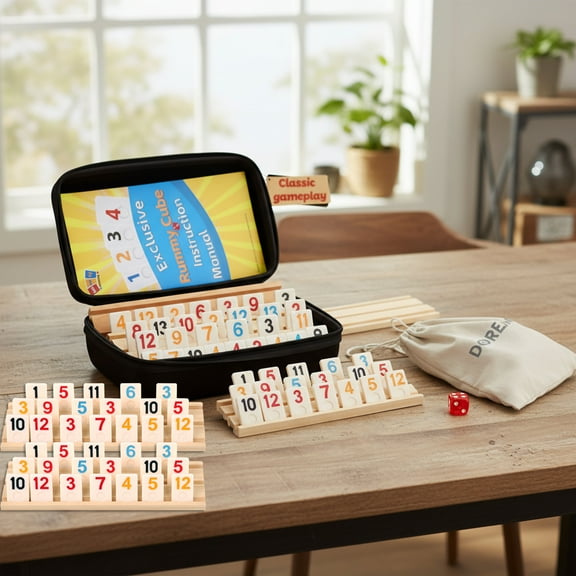 Rummy Cube 6 Player Edition with 6 Wooden Racks,162 Tiles Rummy Cube Game Original with Portable Case,Drawstring Bag Rummy Game Large Number Rummy Tiles Travel Game Set for Family Classic Board Games