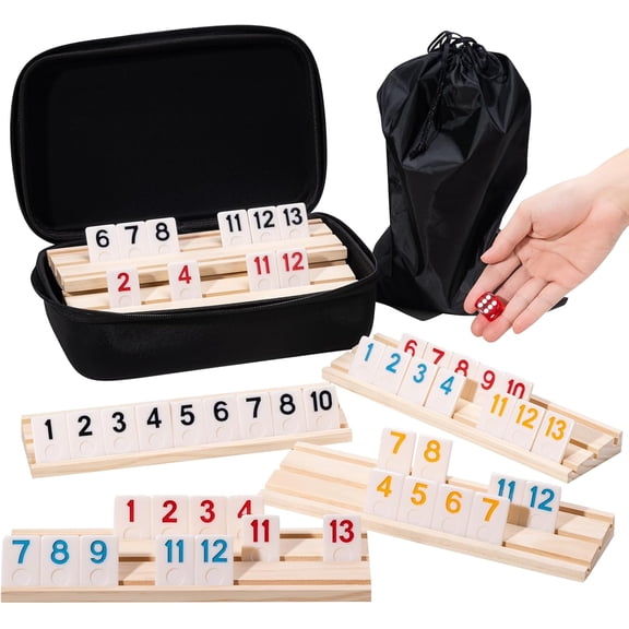 Rummy Cube 6 Player Edition with 6 Wooden Racks/Trays, 160 Large Numbers Rummy Tiles 2-6 Players Set with Zippered Case, Rummy Travel Game Set with 6 Tiles Holders for Family Holiday Gift for Adults