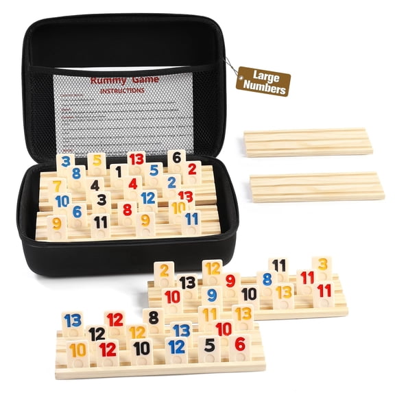 Rummy Cube 6 Player Edition with 6 Wooden Racks/Trays, 160 Large Numbers Rummy Tiles Set with Zippered Case, Rummy Travel Game Set with 6 Tiles Holders