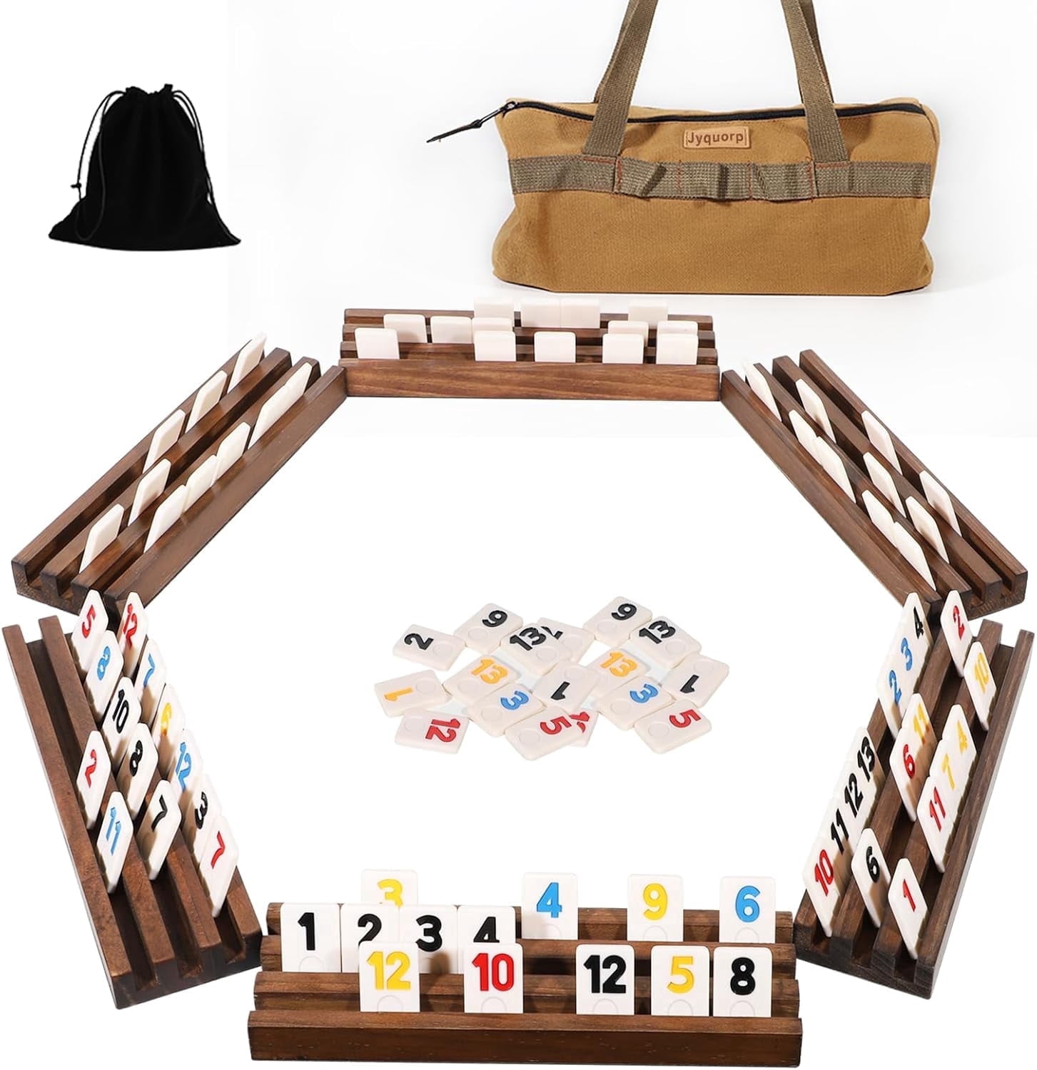 Grhonior Rummy Cube Tile Game with 6 Wooden Racks 6 Player Edition 160 Tiles Racks Zippered Case Classic Travel Game for Adults 1 Pack