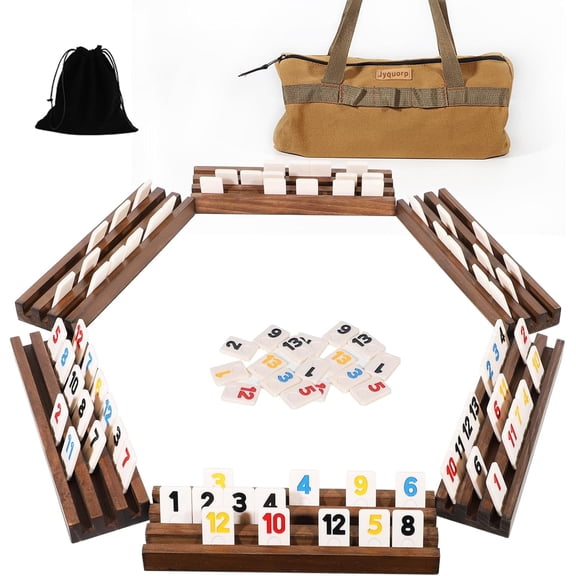 Rummy Cube 6 Player Edition with 6 Wooden Racks Trays 160 Numbers Rummy Tiles Set with Zippered Case Rummy Travel Game Set Classic Board Games for Family Adults Party