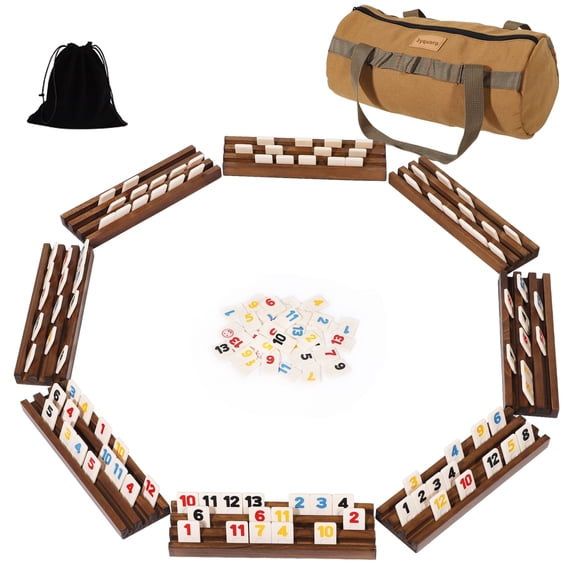 Rummy Cube 8Player Edition with 8 Wooden Racks Trays 214 Numbers Rummy Tiles Set with Zippered Case Rummy Travel Game Set Classic Board Games for Family Adults Party