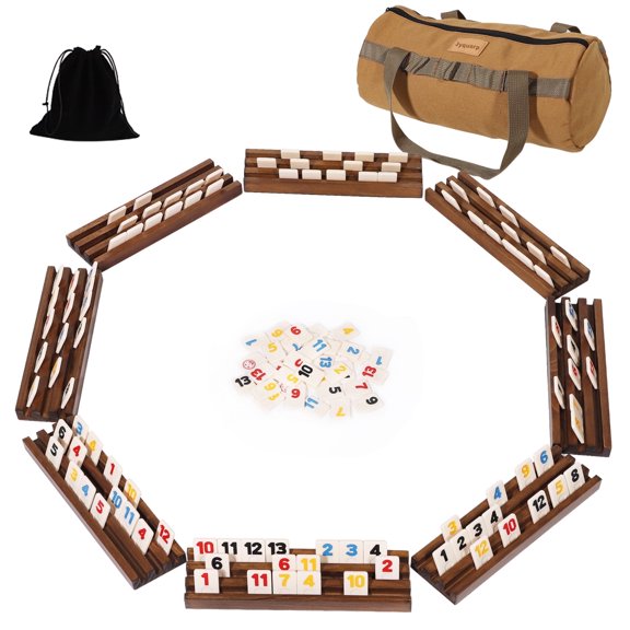 Rummy Cube 8Player Edition with 8 Wooden Racks Trays 214 Numbers Rummy Tiles Set with Zippered Case Rummy Travel Game Set Classic Board Games for Family Adults Party