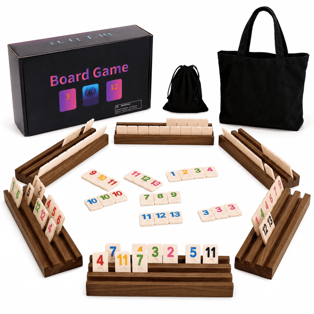 HOROW Rummy Cube Board Game, Equipped with 160 Rummy Tiles, 6 Wooden Tile Racks, Drawstring Storage Bag, Handbag