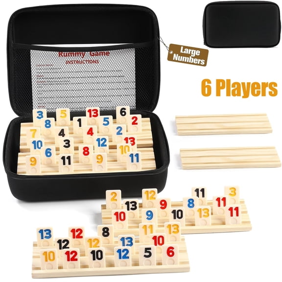 Rummy Cube Game 6 Player Edition with 6 Wooden Racks, 160 Large Number Tiles, Zippered Travel Case - Classic Board Games for Family Adults , Portable Strategy Game Set