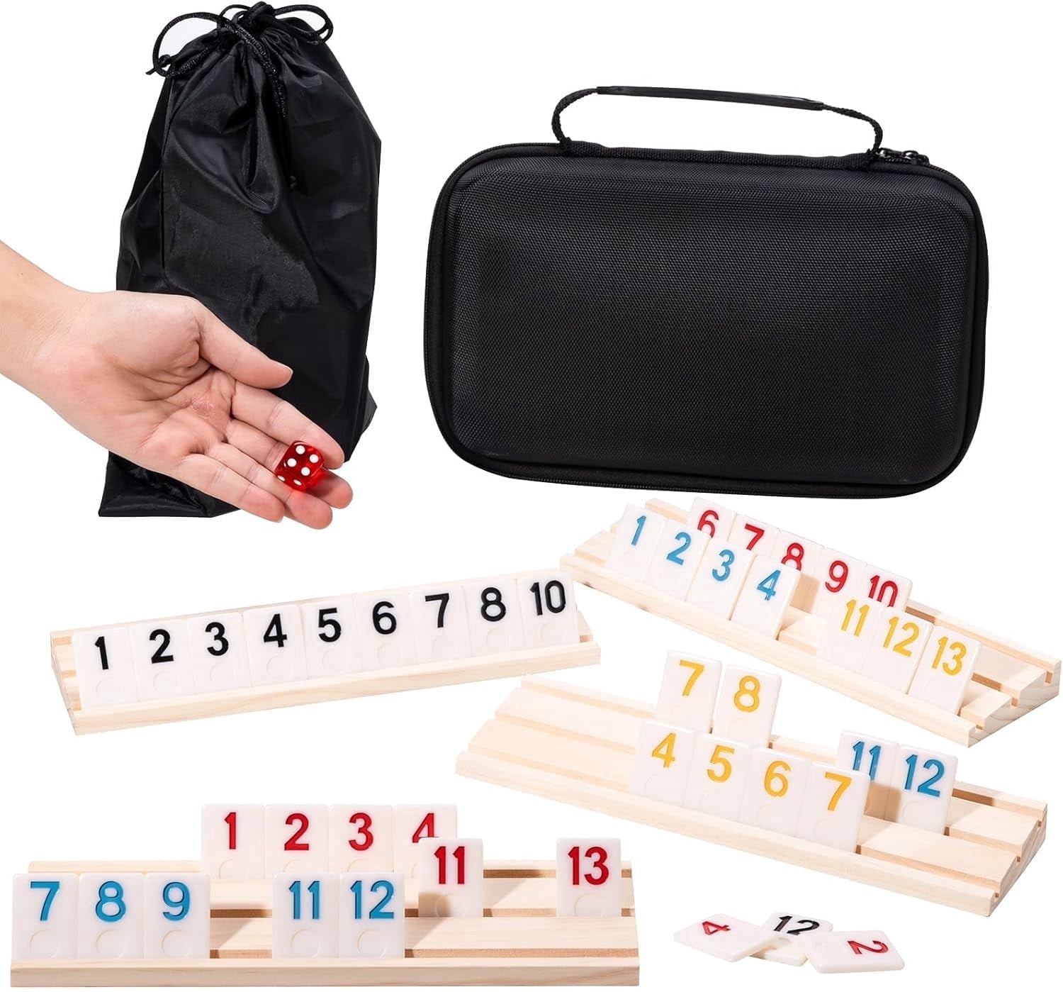WAAYEE Rummy Cube Game Set, Classic Family Board Game, 106 Rummy Tiles with 4 Wooden Racks, Portable Carrying Case, 1 Pack