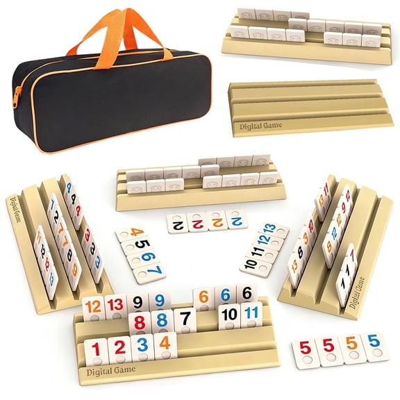 Rummy Cube Game Set for 2-6 Players, 168 Large Number Tiles & 6 Racks Rummy Tiles Set, Portable Rummy Cube Travel Set with Storage Bag, Classic Strategy Board Game for Family and Adults