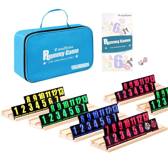 Rummy Cube Game Set, Travel Size with 6 Wooden Racks, 160 Large Number Acrylic Tiles, Bag for Family Classic Board Games (Black)