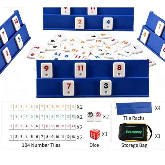Rummy Game Set, 108 Color Number Tiles, Durable Zipper Storage Bag, 4 Two-Tier Racks, for 2-4 Players Family Table Game