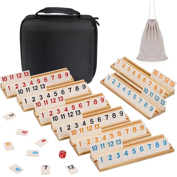 Rummy Game Set for 2-8 Players with 8 Wooden Racks and 214 Tiles