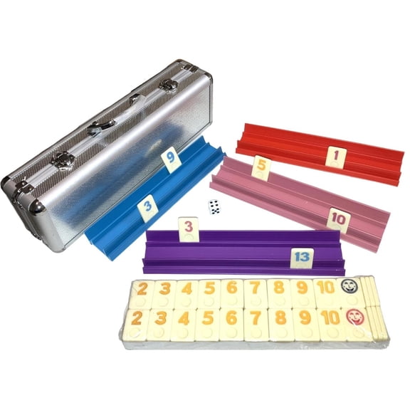 Rummy Tiles Games DLX Set 4 Wooden Racks In Attach Alum Case 106 Tiles Free Shi