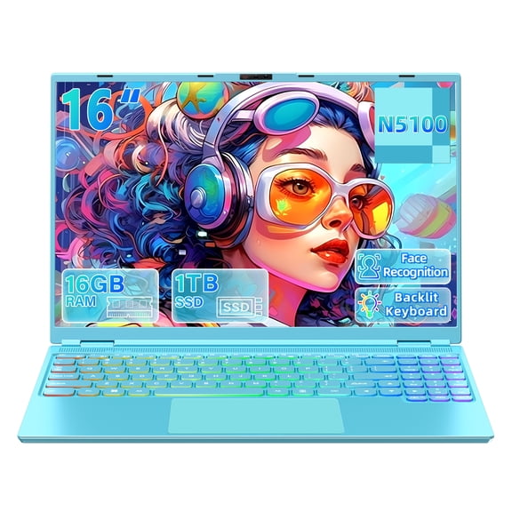 Rumtuk 16" Blue Laptop Computer,DDR4 16GB RAM,1TB SSD,Win 11 Pro/Office 2019,Celeron 5100,RGB Backlit KB,Face Unlock,USB3.0/HDMI/WiFi/BT,Notebook PC for Office,Students, Leisure