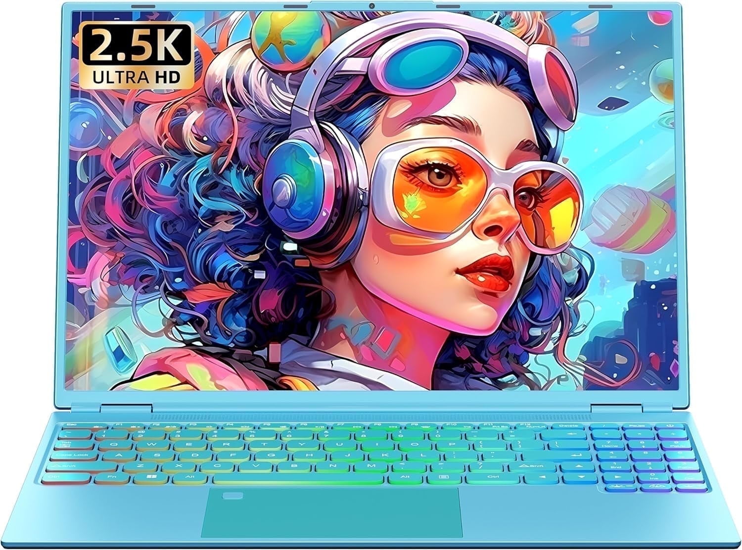 16" Blue Laptop, 2.5K QHD(2560x1600) IPS,Celeron N5095, 12G RAM 512G SSD, Win 11/Office 2019, Color Backlit KB, Fingerprint,Type-C/HDMI/WiFi/HDD Expand