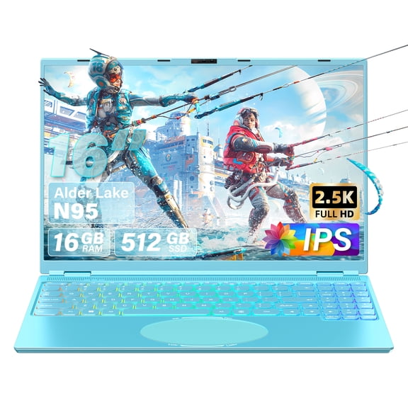 16" Blue Laptop, 2.5K QHD(2560x1600) IPS,Celeron N95, 16G RAM 512G SSD, Win 11/Office 2019, Color Backlit KB,Face Unlock,Type-C/HDMI/WiFi/HDD Expand