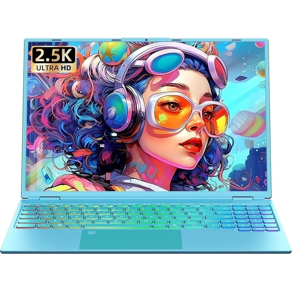 16" Blue Laptop, 2.5K QHD(2560x1600) IPS,Celeron N5095, 12G RAM 512G SSD, Win 11/Office 2019, Color Backlit KB, Fingerprint,Type-C/HDMI/WiFi/HDD Expand