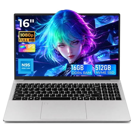 Rumtuk 16" FHD Laptop, 16GB DDR4 RAM, 512GB NVMe SSD, N95 Quad-core(Up to 3.4GHz),Win 11 Pro/Office 2019, Backlit KB, Numpad, Fingerprint, Webcam, WiFi, HDMI, Work,Study & Play, Silver