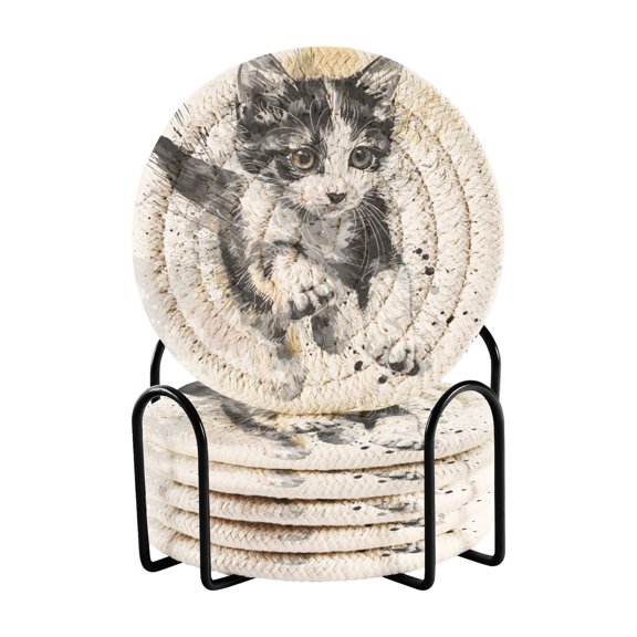 Run Black and White Cat 6 Pcs Drink Coasters with Holder Absorbent Coasters Woven Coasters for Drinks Table Desk Protection Home Decor