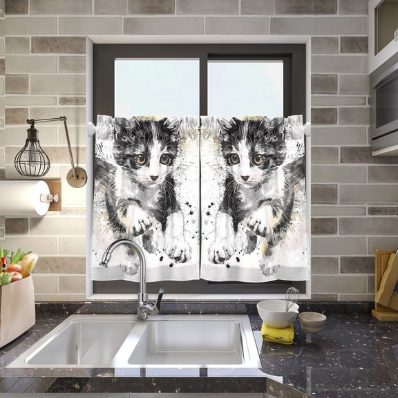 Run Black and White Cat Kitchen Curtains Half Tier Curtain 2 Rod Pockets Bathroom Bedroom Cupborad Living Room 27"x24"