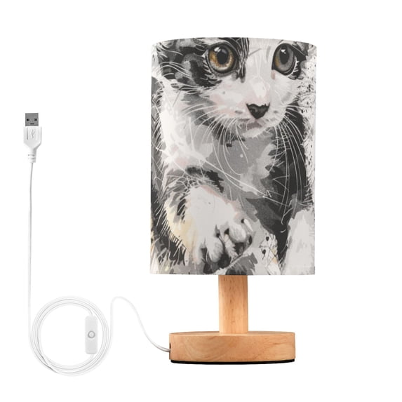 Run Black and White Cat Table Lamp USB Bedside Desk Nightstand Lamp Printed Gifts Small Lamp Wood Base for Bedroom Living Room Kids Room College Dorm