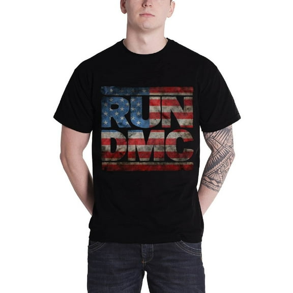 Run DMC T Shirt Retro Americana Distressed Band Logo Official Mens New Black