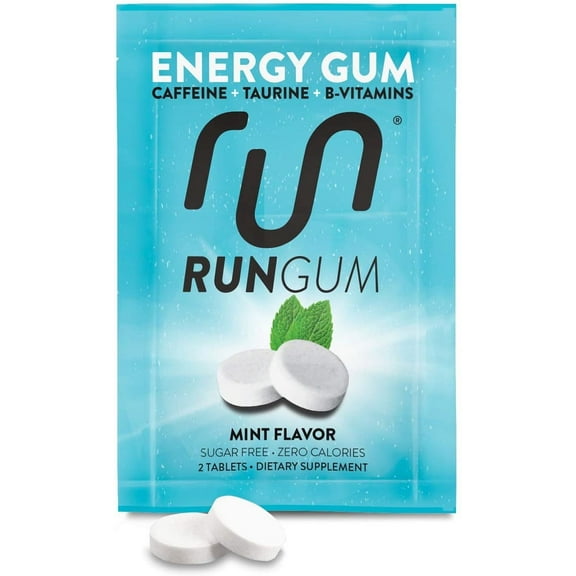 Run Gum Mint Energy Gum 50mg Caffeine Taurine & B-Vitamins per Piece, 2 Pieces