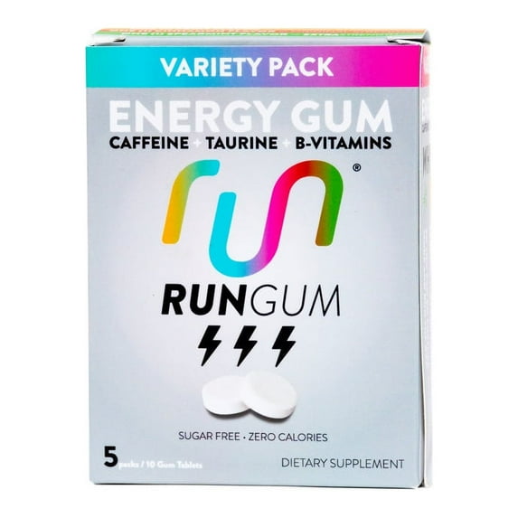 Run Gum Variety Pack Energy Gum 50mg Caffeine Taurine & B-Vitamins per Piece, 10 Pieces (Pack of 5)