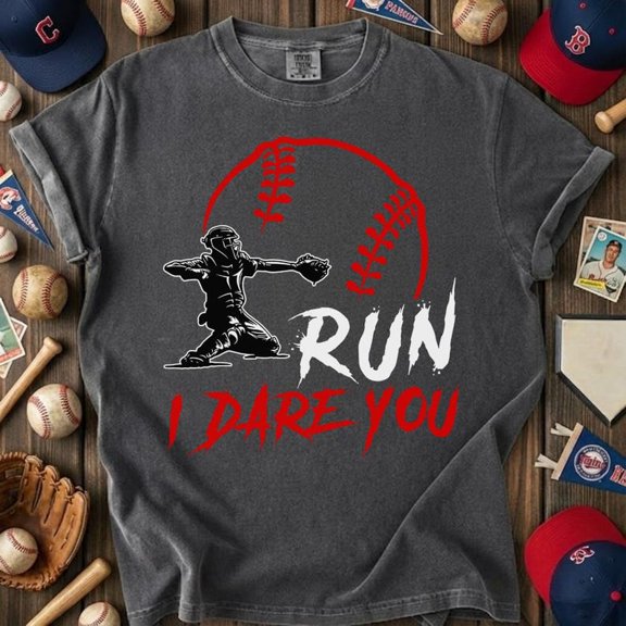 Run I Dare You Baseball Catcher Graphic Shirt Vintage Baseball Player Silhouette Sports Graphic Comfort Colors Unisex Cotton T-Shirt, Sizes S-3XL