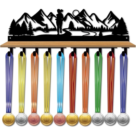 Run Medal Display Hanger Trophy Shelf with 10 Hooks Medal Holder Hanger with Density Board Tray Black Mountain Metal Trophy Display Hanging 60+Medals Organizer Rack for Women 15.7x6x3.5Inch