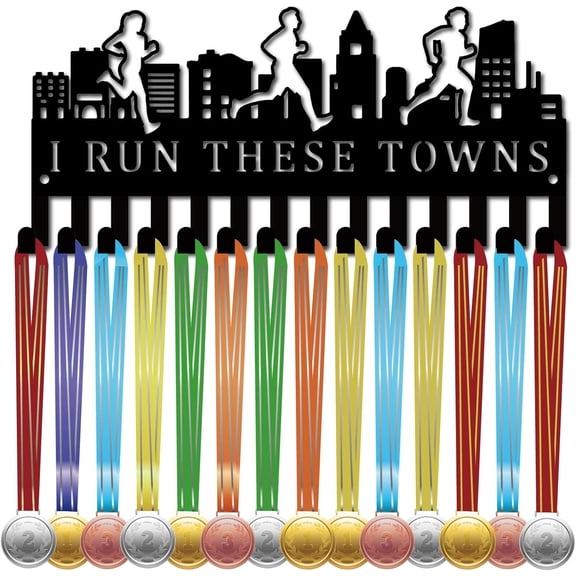 Run Medal Hanger Display Medals Holder Rack Black Metal Iron Small Shelf Hanger Organizer Sports Medal Stand Frame Wall Mounted Over 40 Medals for Award Ribbon 11.4x5Inch-I Run These Towns Black
