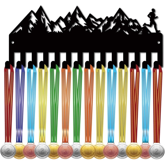 Run Medal Holder Hanger Medals Display Rack Black Metal Iron Small Mountain Medal Shelf Plaques Hangers Organizer Medal Frame Wall Mounted with 14 Hooks DIY