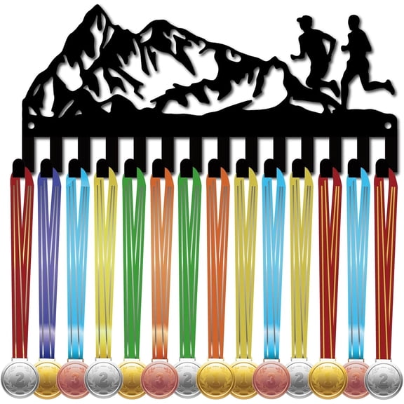 Run Medal Holder Hanger Medals Display Rack Black Mountain Metal Iron Small Shelf Medal Plaques Hanger Organizer Medal Frame Wall Mounted with 14 Hooks