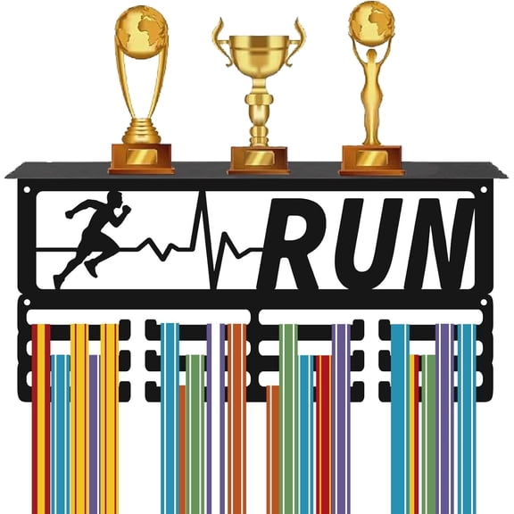 Run Medal Holder Trophy Shelf Display 12 Hooks Running Sports Awards Ribbon Hanger Organizer Metal Rack Wall Mounted