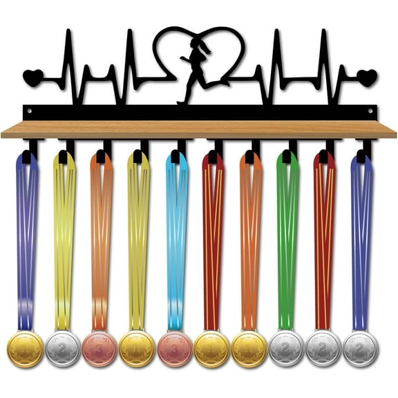 Run Medal Troy Display Shelf Heart Medal Hanger Display Shelf with Density Board Tray Wall Mount Hold 70+Medals Holder Hanger Metal Medal Organizer Rack for Running Awards 15.7x6x3.5Inch Mixed Color
