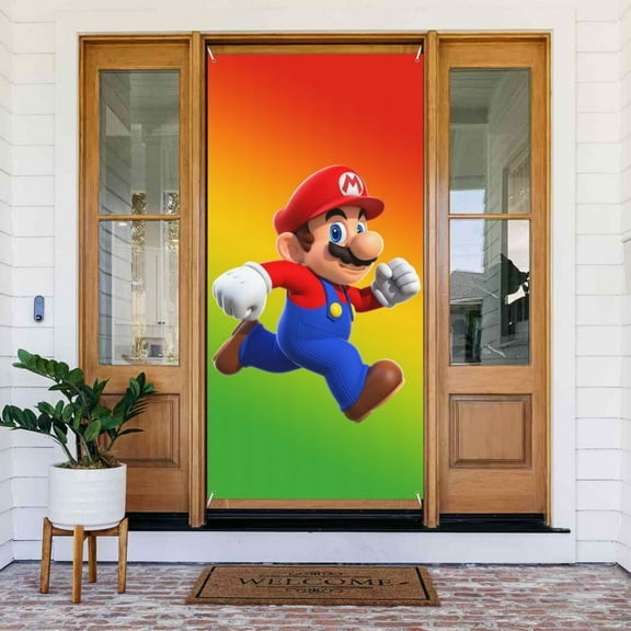Run Super Mario Door Cover Decorated Banner Tapestry Home Decoration Holiday Party Supplies Door Banner Porch Sign Banner 72.8 x 35.4 Inch