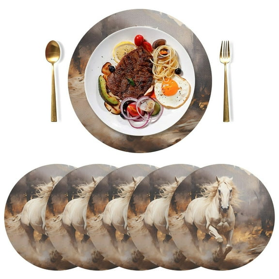 Run White Horse Black Round Placemats Plate Mats 15 Inch Non-Slip Heat Resistant Washable PVC Set Indoor for Kitchen Dining Table 1PC