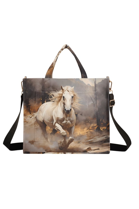 Run White Horse Corduroy Tote Bag Handbag Large Messenger Bag Shoulder Crossbody Zipper Bag Purse