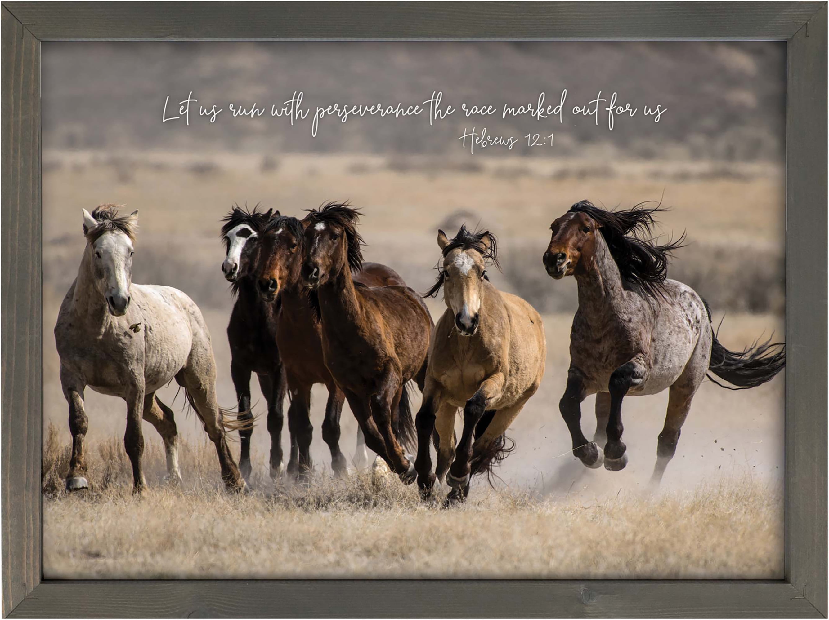 Run With Perseverance Horses 16 x 12 Inch Pine Wood Framed Wall Art