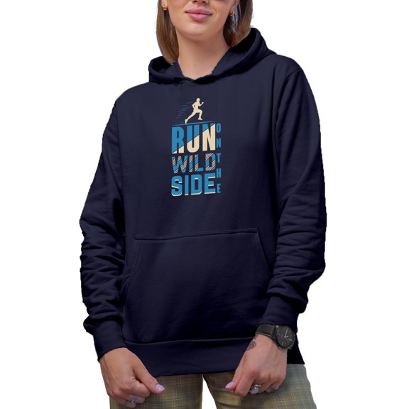 Run on the Wild Side, Runner, Navy Blue Hooded Sweatshirt or Hoodie, Large