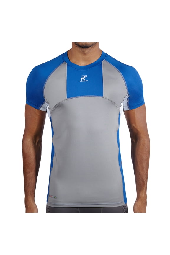 Men's Contour Panel Compression Short Sleeve T-Shirt - Moisture Wicking Royal Blue/Grey/White f1213-bgw