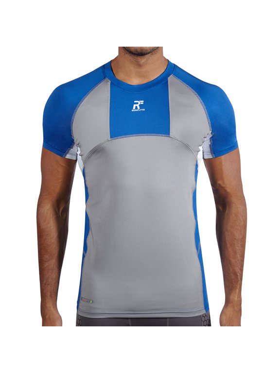 Men's Contour Panel Compression Short Sleeve T-Shirt - Moisture Wicking Royal Blue/Grey/White f1213-bgw