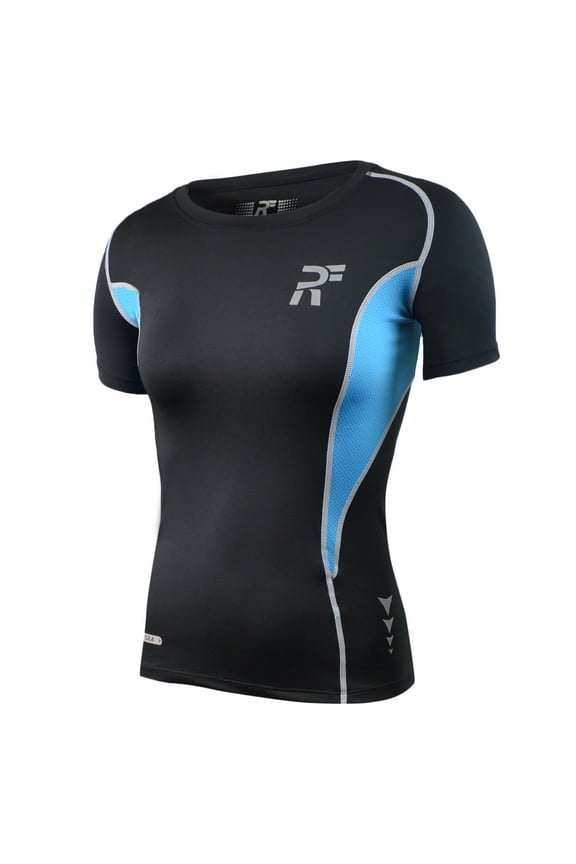 Women's Swarna Flow Short Sleeve T-Shirt Silvery Black/Aqua Blue f3301-kkb