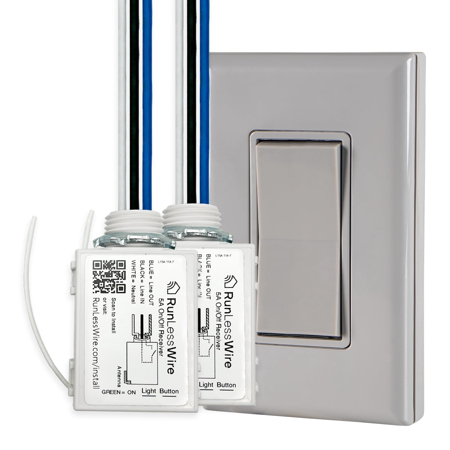 RunLessWire 2 Fixture On/Off Wireless Battery-Free Remote Light Switch Kit 150ft Range - Gray