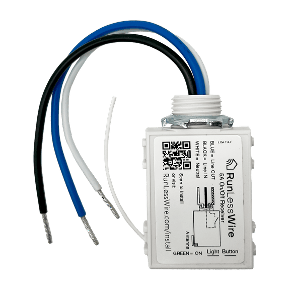 RunLessWire 5 AMP On/Off Receiver for Wireless Light Switches - 100-240VAC 600W, 150ft RF Range