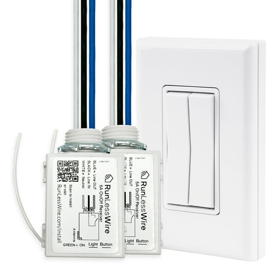 RunLessWire Fan & Light On/Off Wireless Battery-Free Remote Light Switch Kit 150ft Range – White