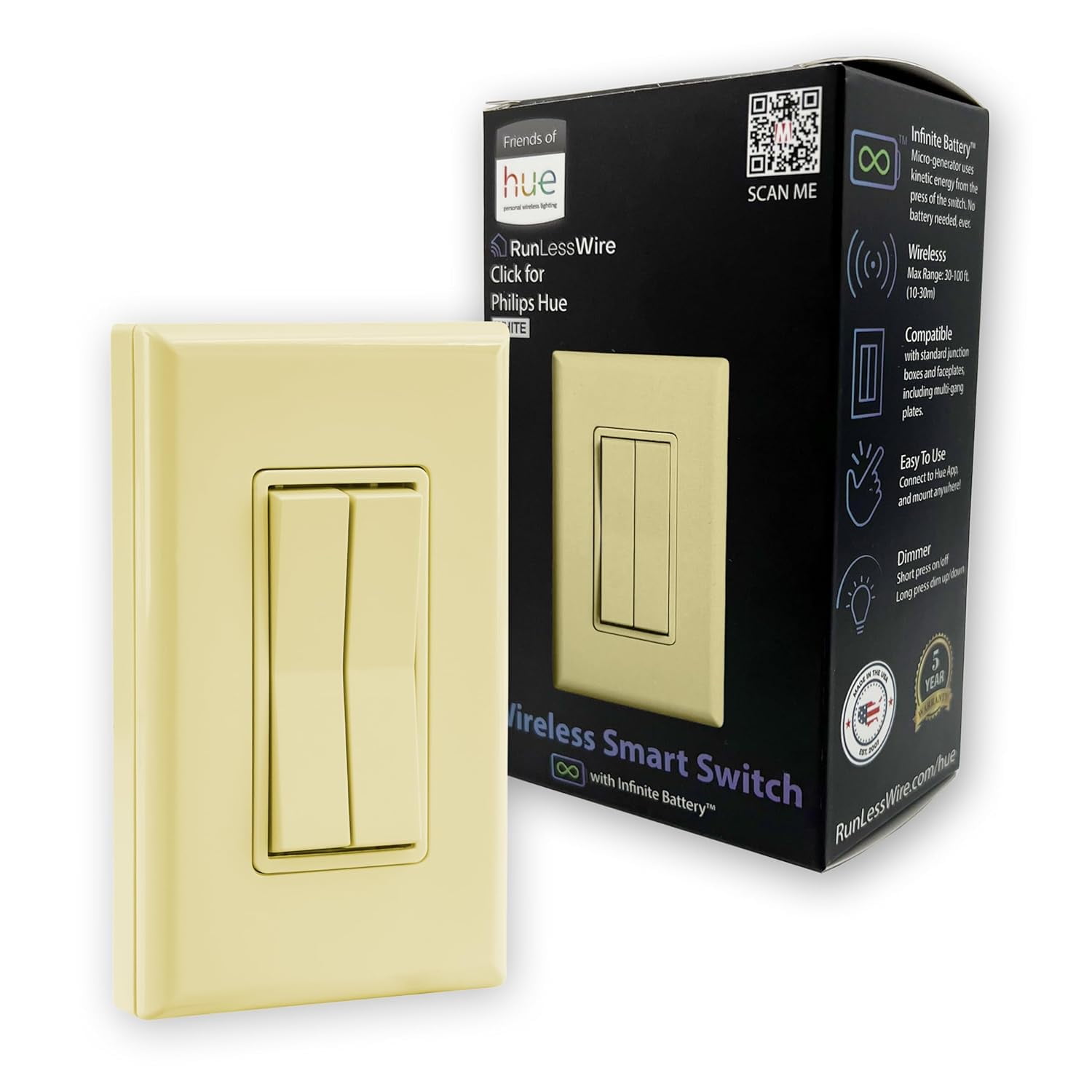 RunLessWire Simple Wireless Light Switch Kit, No-Wires and Battery