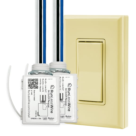 RunLessWire 2 Fixture On/Off Wireless Battery-Free Remote Light Switch Kit 150ft Range - Light Almond