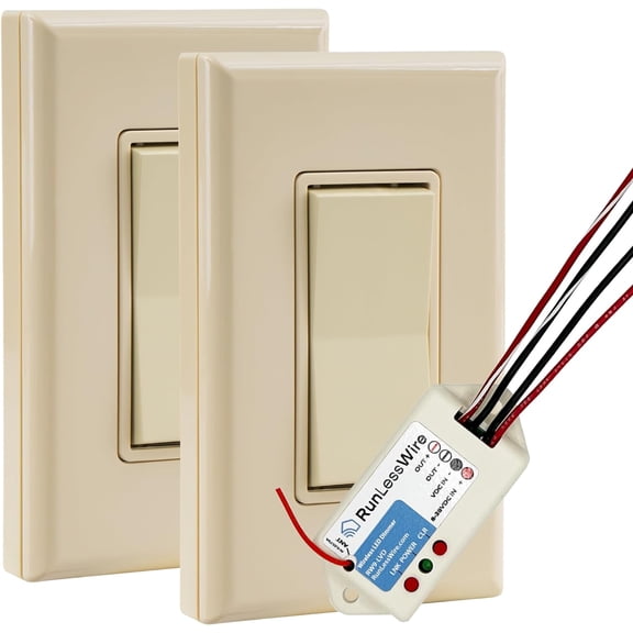 RunLessWire Low Voltage 8-30VDC Dimming Self Powered (NO Batteries) Wireless Light Switch - No Wiring, Battery, or WiFi Needed - Smooth Dimmer 3-Way Kit: 1 PWM Receiver, 2 Switches - Light Almond