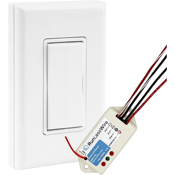 RunLessWire Low Voltage 8-30VDC Dimming Self Powered (NO Batteries) Wireless Light Switch - No Wiring, Battery, or WiFi Needed - Smooth Dimmer Basic Kit: 1 PWM Receiver, 1 Switch – White